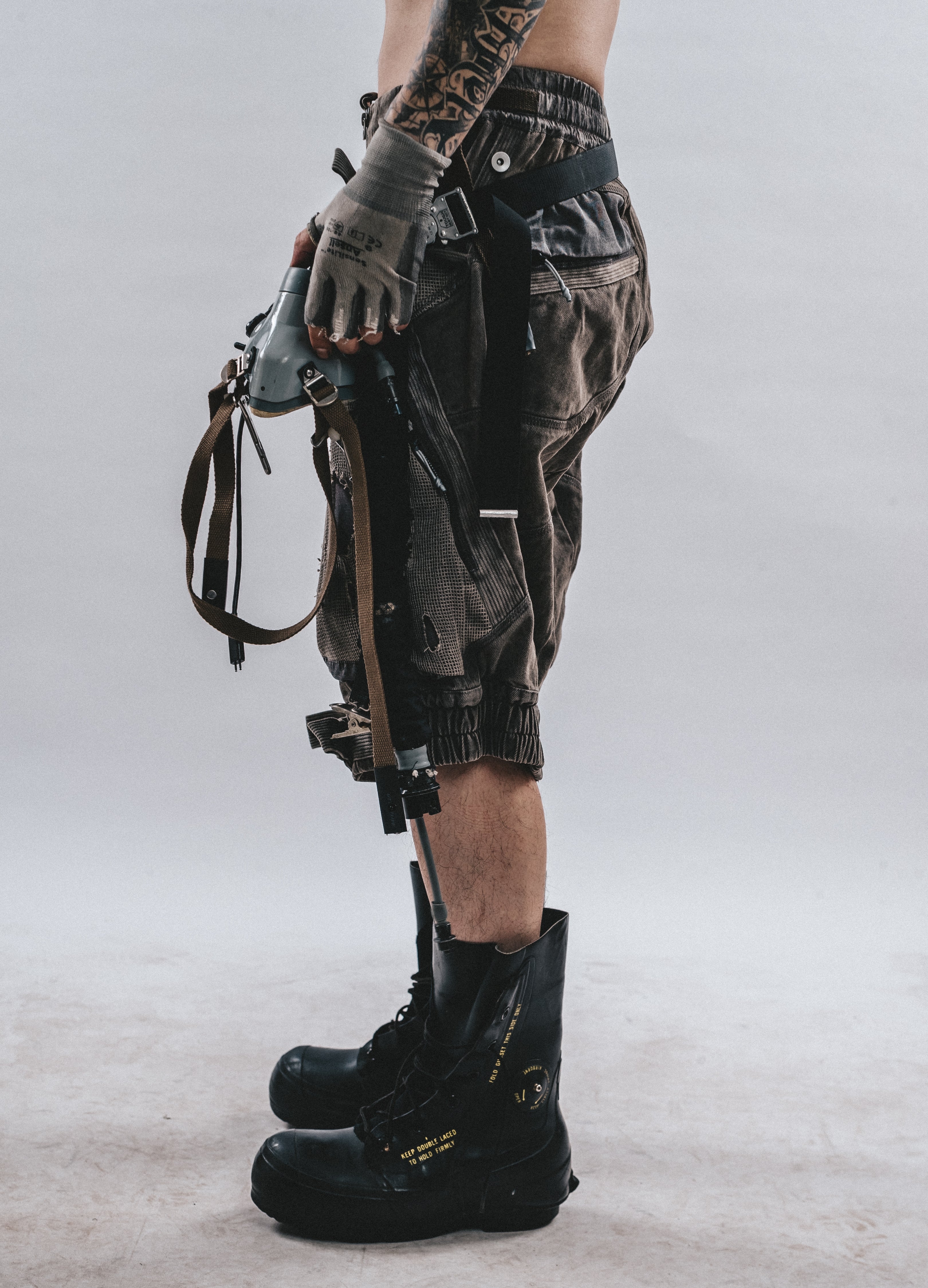 DRKLEI DISTRESSED MESH DROP-CROTCH PANTS