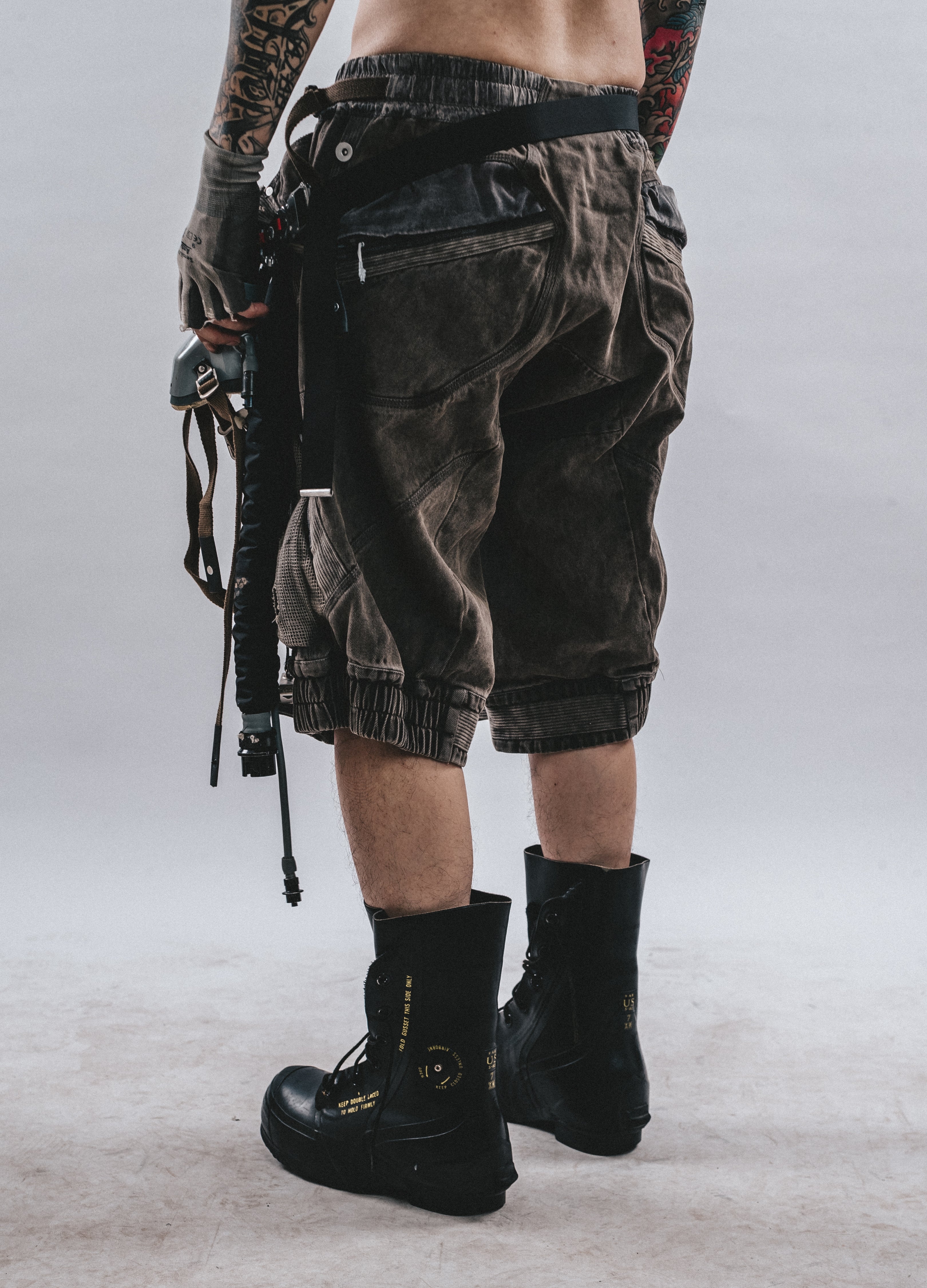 DRKLEI DISTRESSED MESH DROP-CROTCH PANTS