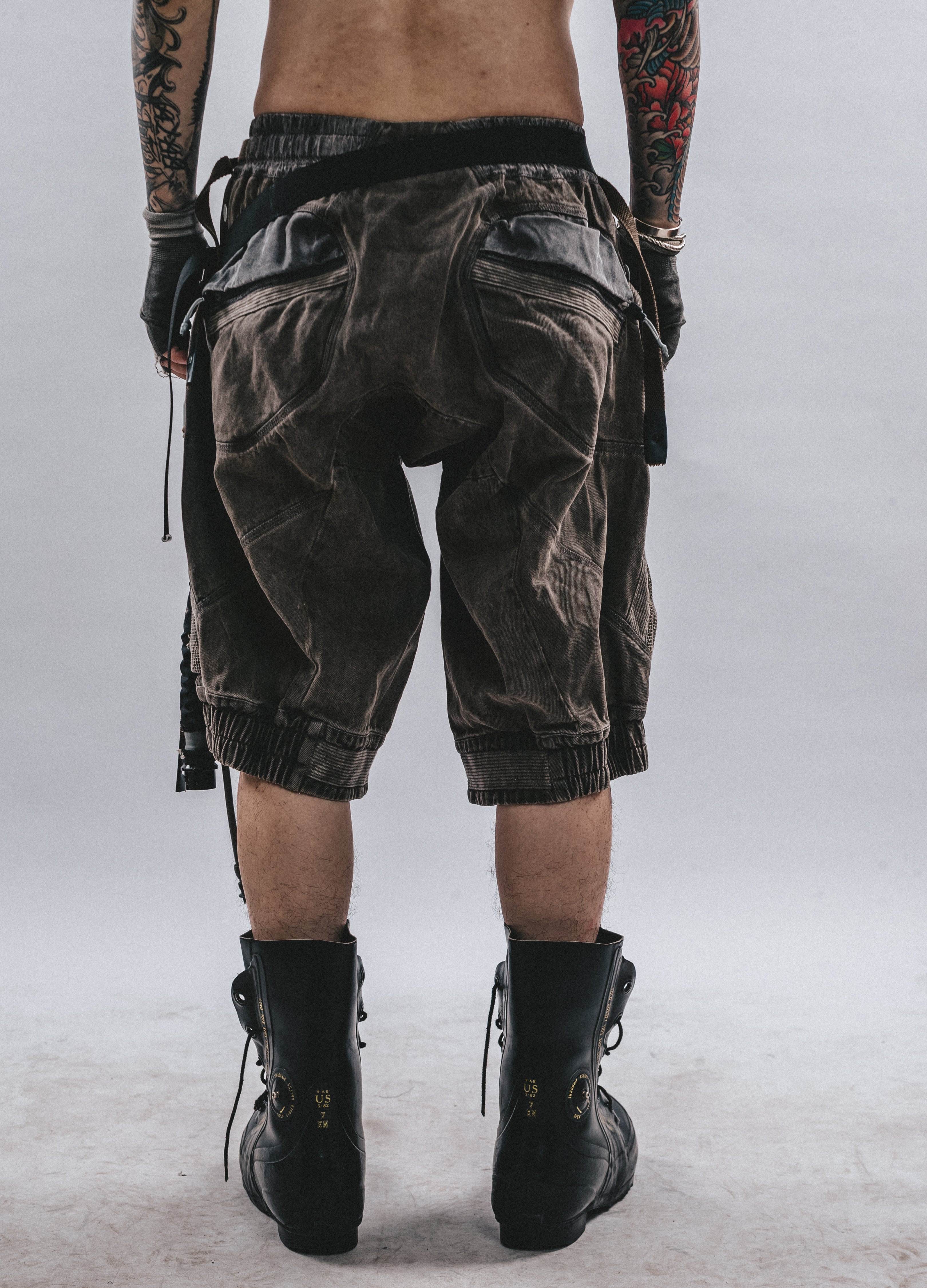 DRKLEI DISTRESSED MESH DROP-CROTCH PANTS