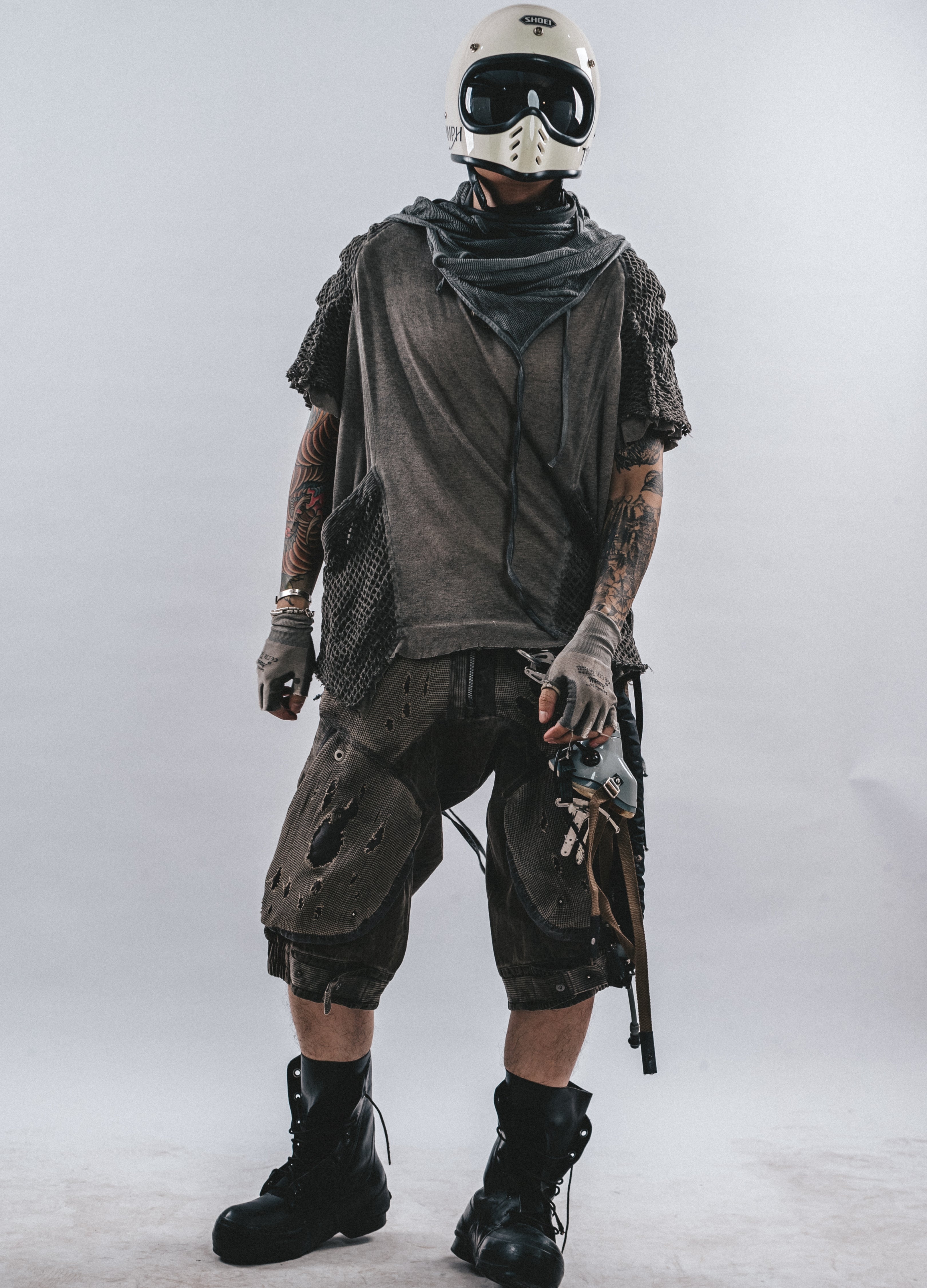 DRKLEI DISTRESSED MESH DROP-CROTCH PANTS