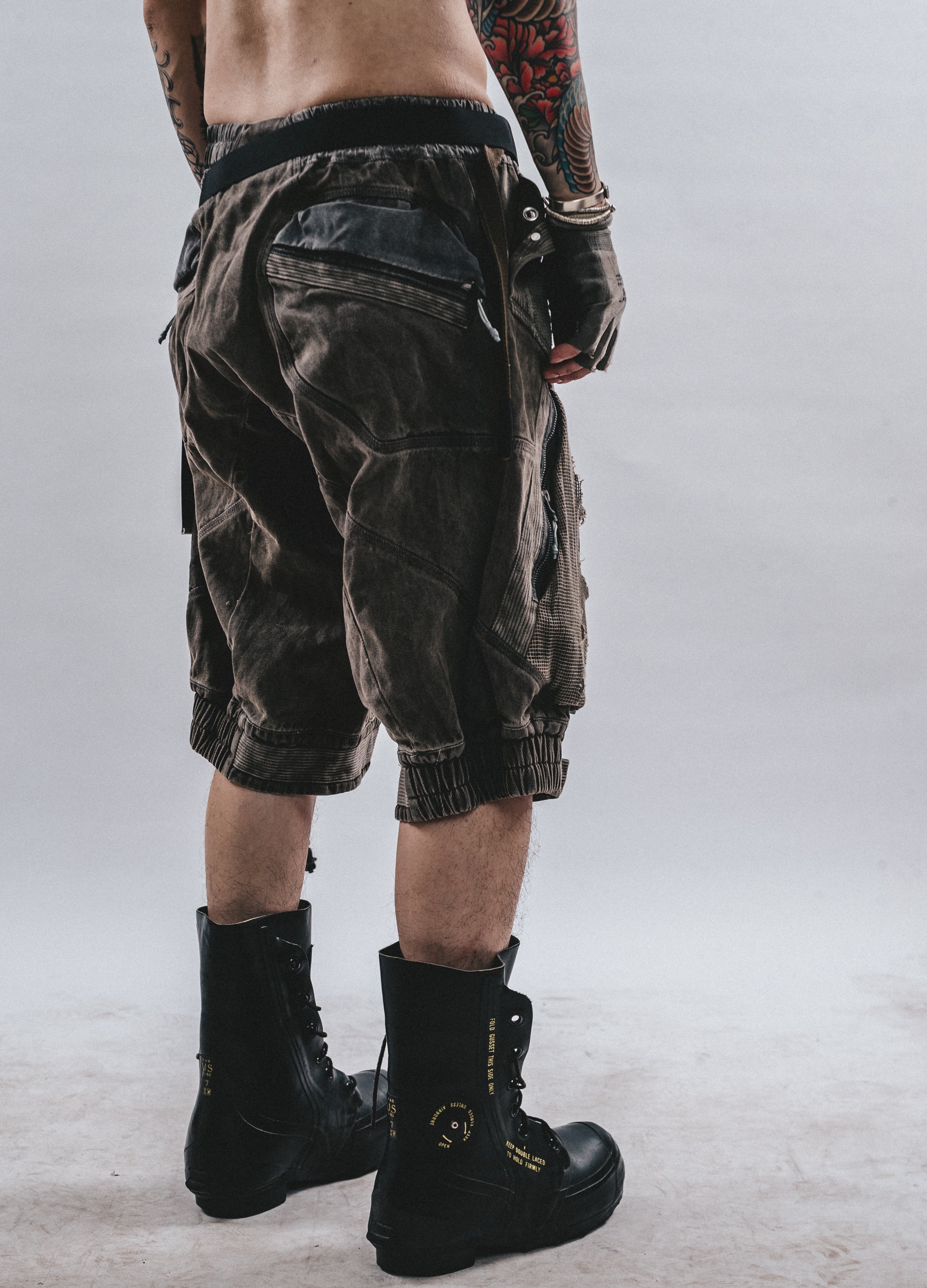 DRKLEI DISTRESSED MESH DROP-CROTCH PANTS