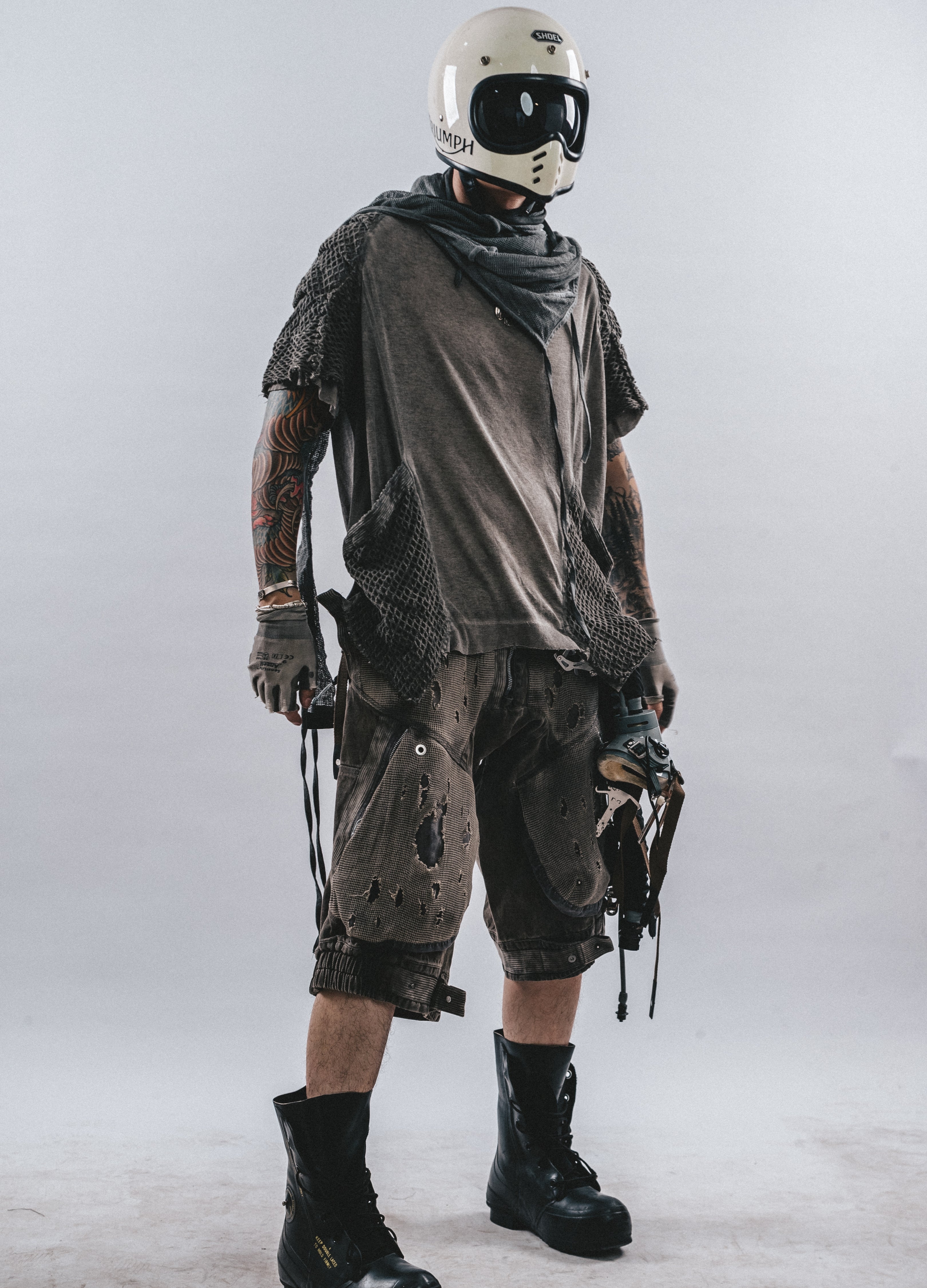 DRKLEI DISTRESSED MESH DROP-CROTCH PANTS