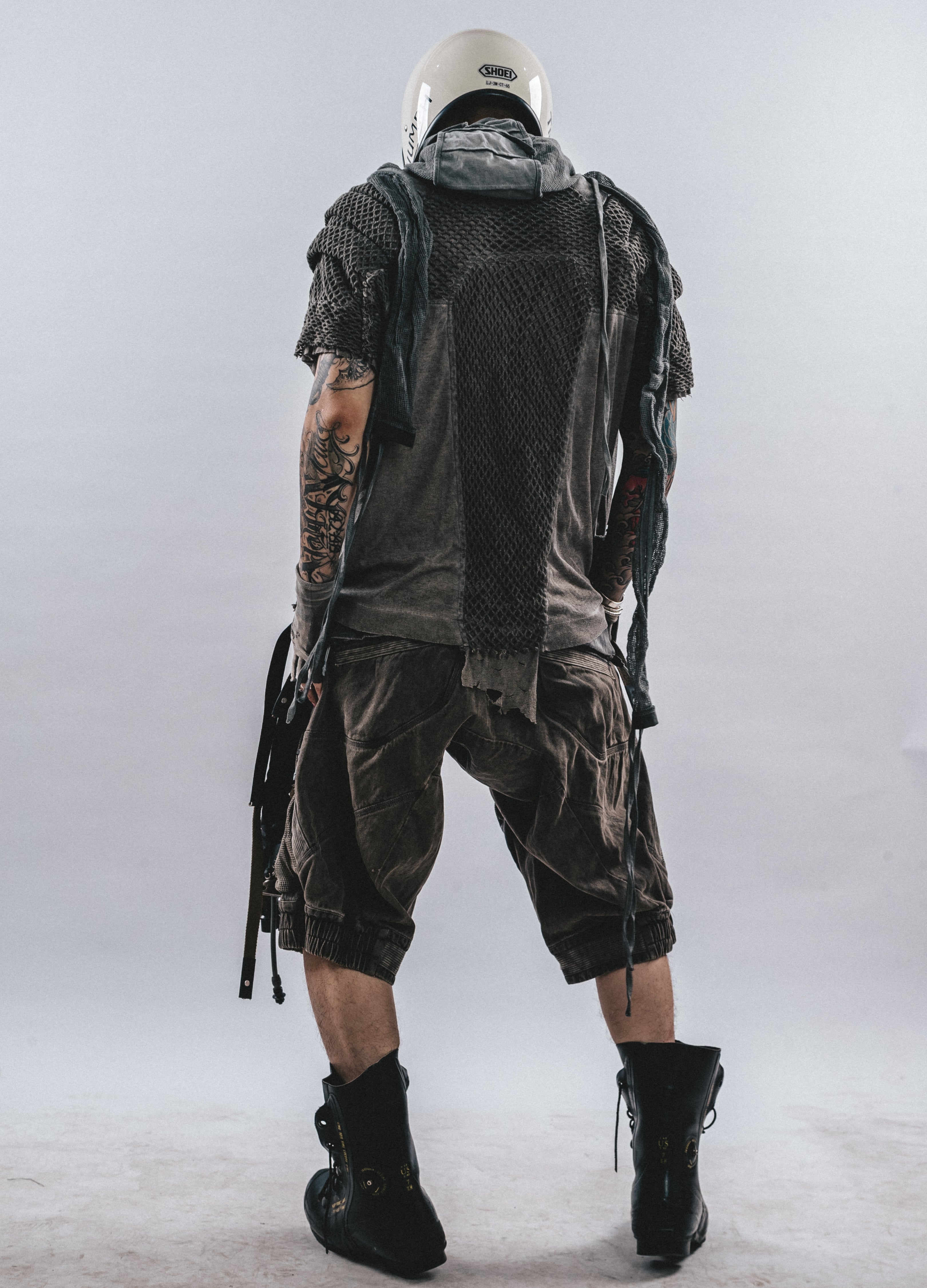 DRKLEI DISTRESSED MESH DROP-CROTCH PANTS